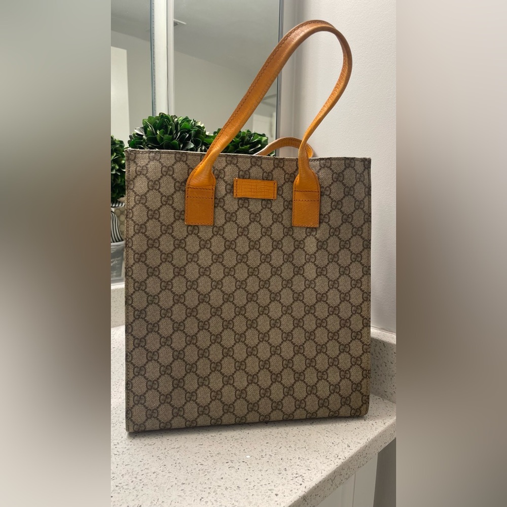 Gucci Gray and Tan Tote Bag with Iconic Design